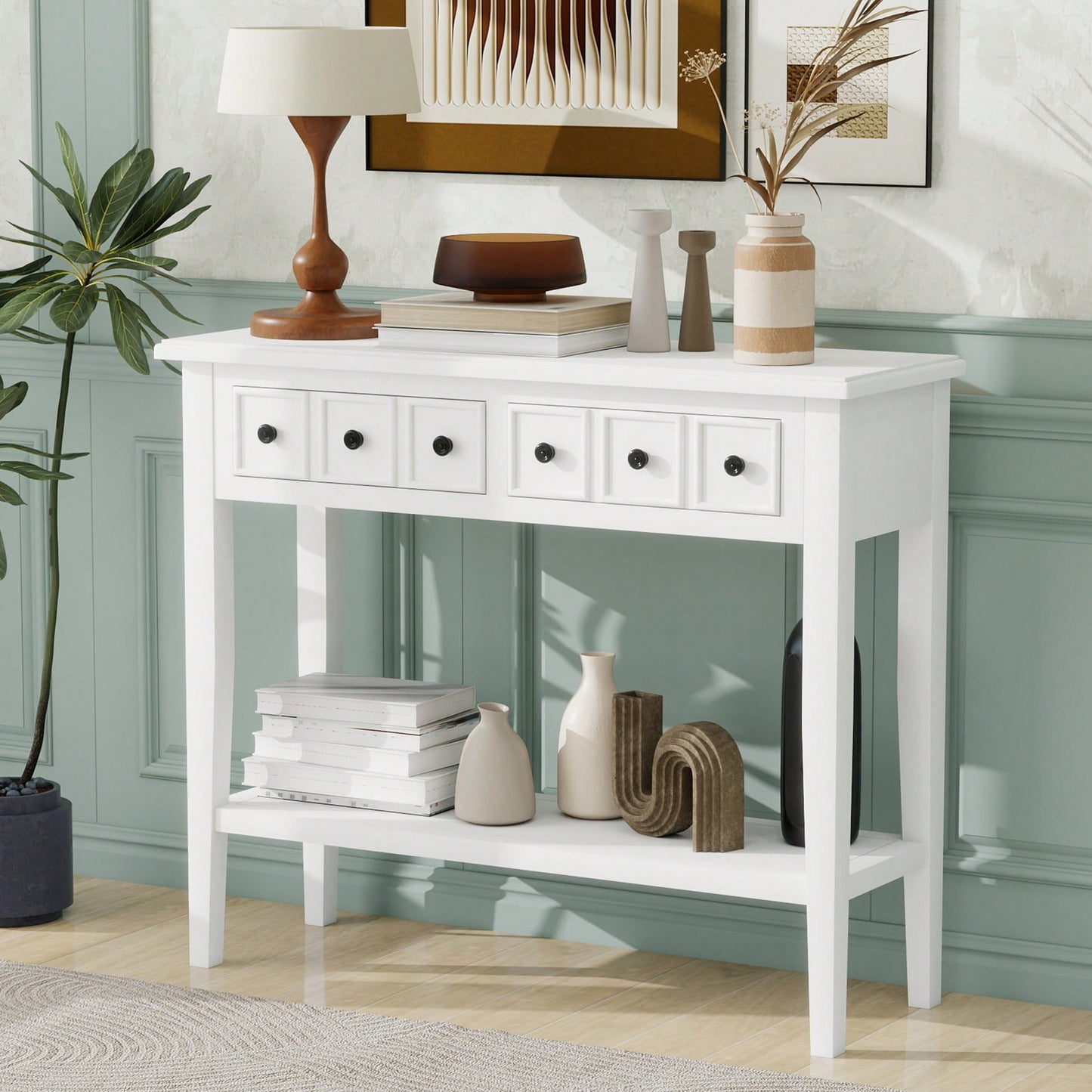 Rustic Teal Console Table With Open Shelf And Rubber Wood Legs For Entryways Living Rooms And Hallways