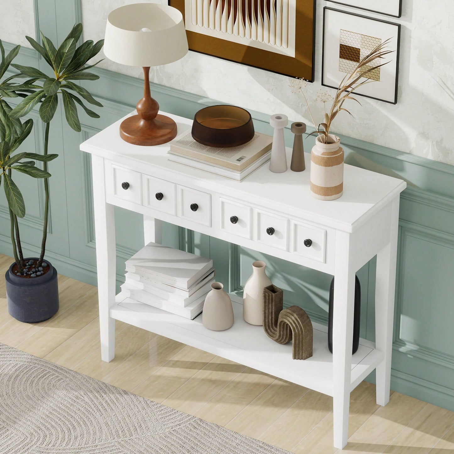 Rustic Teal Console Table With Open Shelf And Rubber Wood Legs For Entryways Living Rooms And Hallways