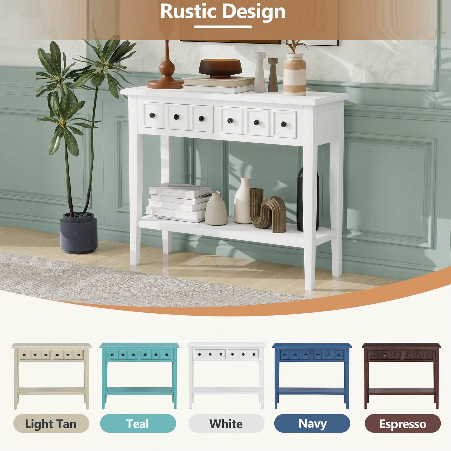 Rustic Teal Console Table With Open Shelf And Rubber Wood Legs For Entryways Living Rooms And Hallways