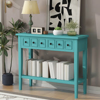 Rustic Teal Console Table With Open Shelf And Rubber Wood Legs For Entryways Living Rooms And Hallways