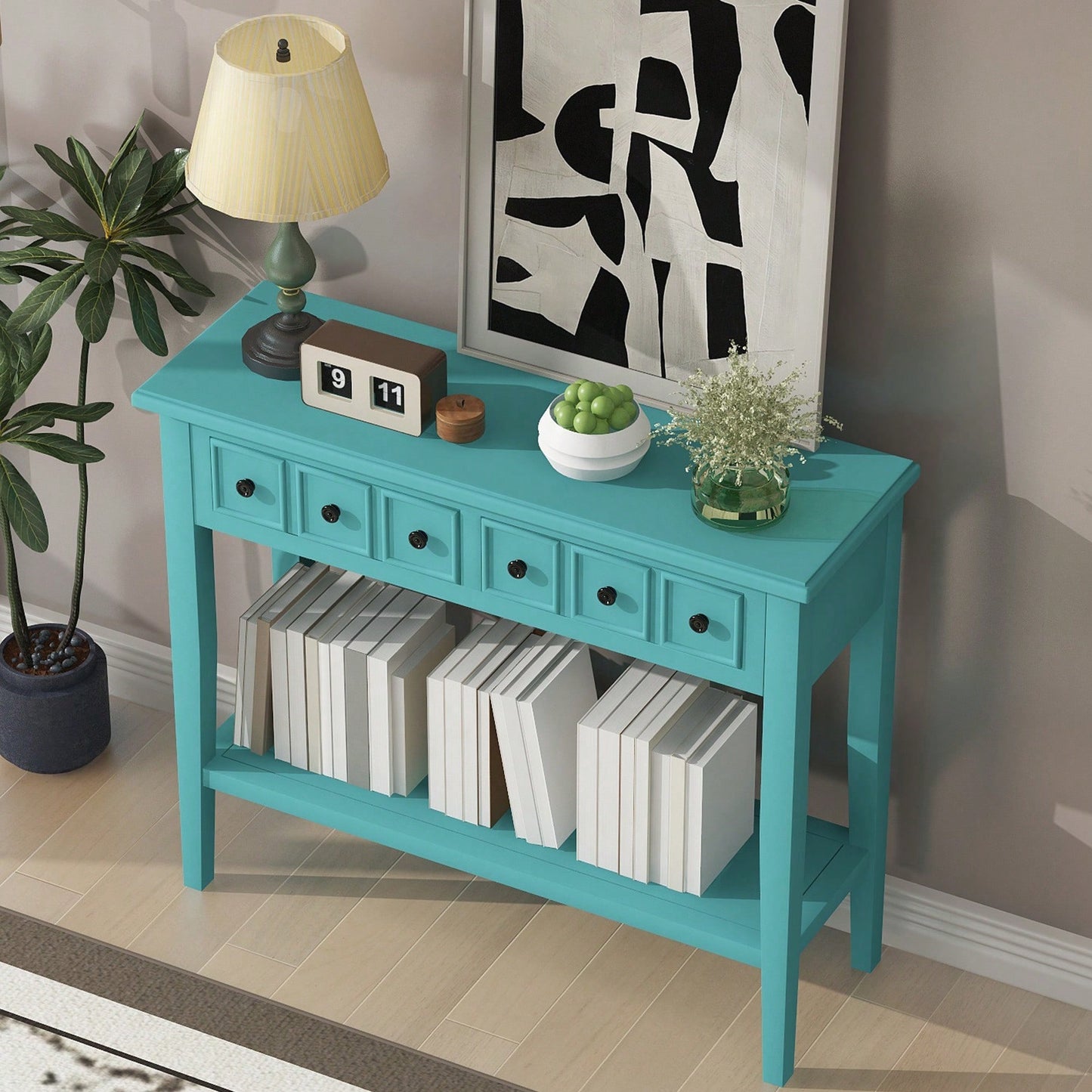 Rustic Teal Console Table With Open Shelf And Rubber Wood Legs For Entryways Living Rooms And Hallways