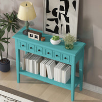 Rustic Teal Console Table With Open Shelf And Rubber Wood Legs For Entryways Living Rooms And Hallways