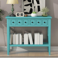Rustic Teal Console Table With Open Shelf And Rubber Wood Legs For Entryways Living Rooms And Hallways