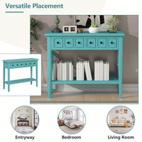 Rustic Teal Console Table With Open Shelf And Rubber Wood Legs For Entryways Living Rooms And Hallways