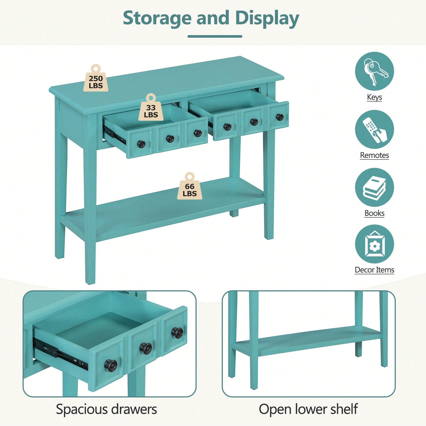 Rustic Teal Console Table With Open Shelf And Rubber Wood Legs For Entryways Living Rooms And Hallways