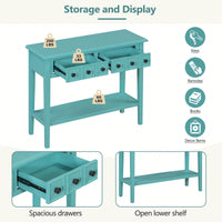 Rustic Teal Console Table With Open Shelf And Rubber Wood Legs For Entryways Living Rooms And Hallways