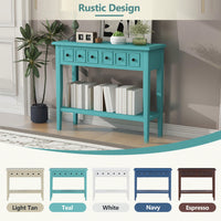 Rustic Teal Console Table With Open Shelf And Rubber Wood Legs For Entryways Living Rooms And Hallways