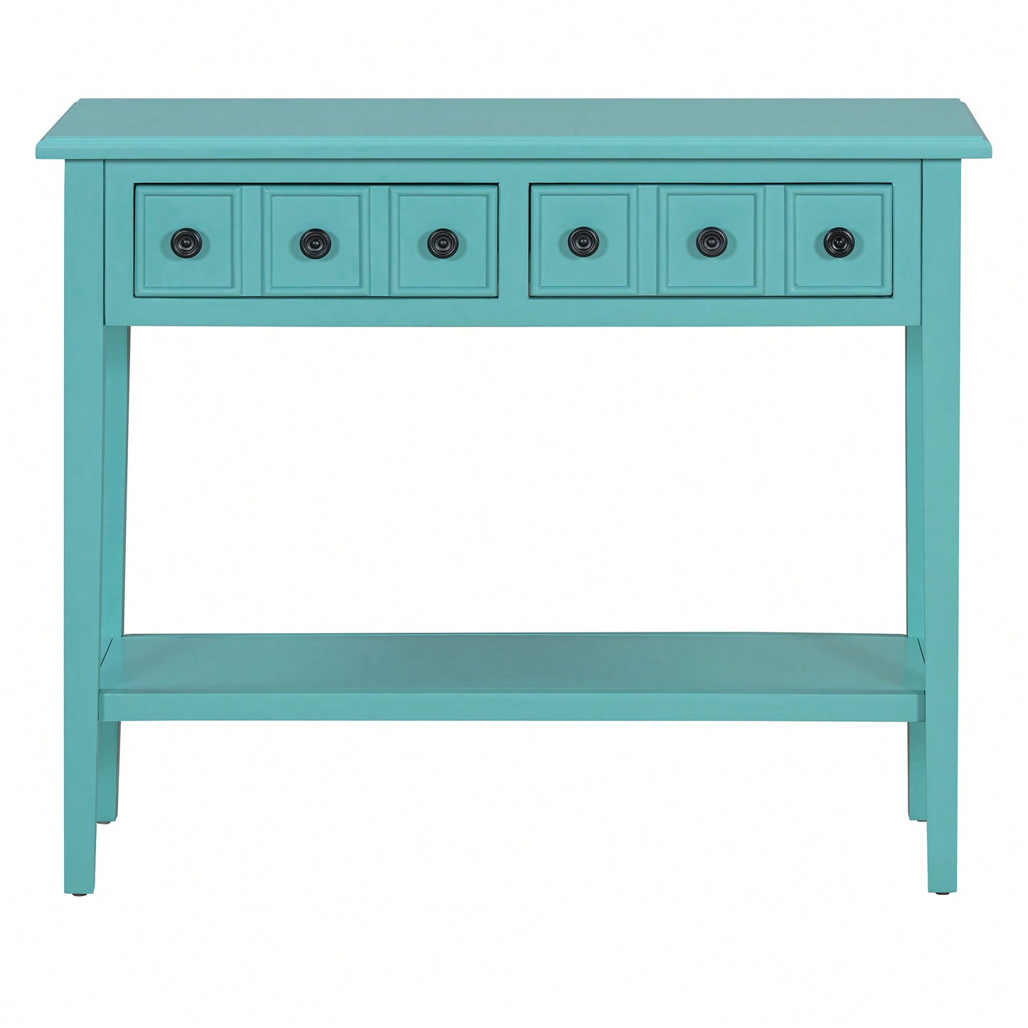 Rustic Teal Console Table With Open Shelf And Rubber Wood Legs For Entryways Living Rooms And Hallways