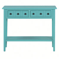 Rustic Teal Console Table With Open Shelf And Rubber Wood Legs For Entryways Living Rooms And Hallways
