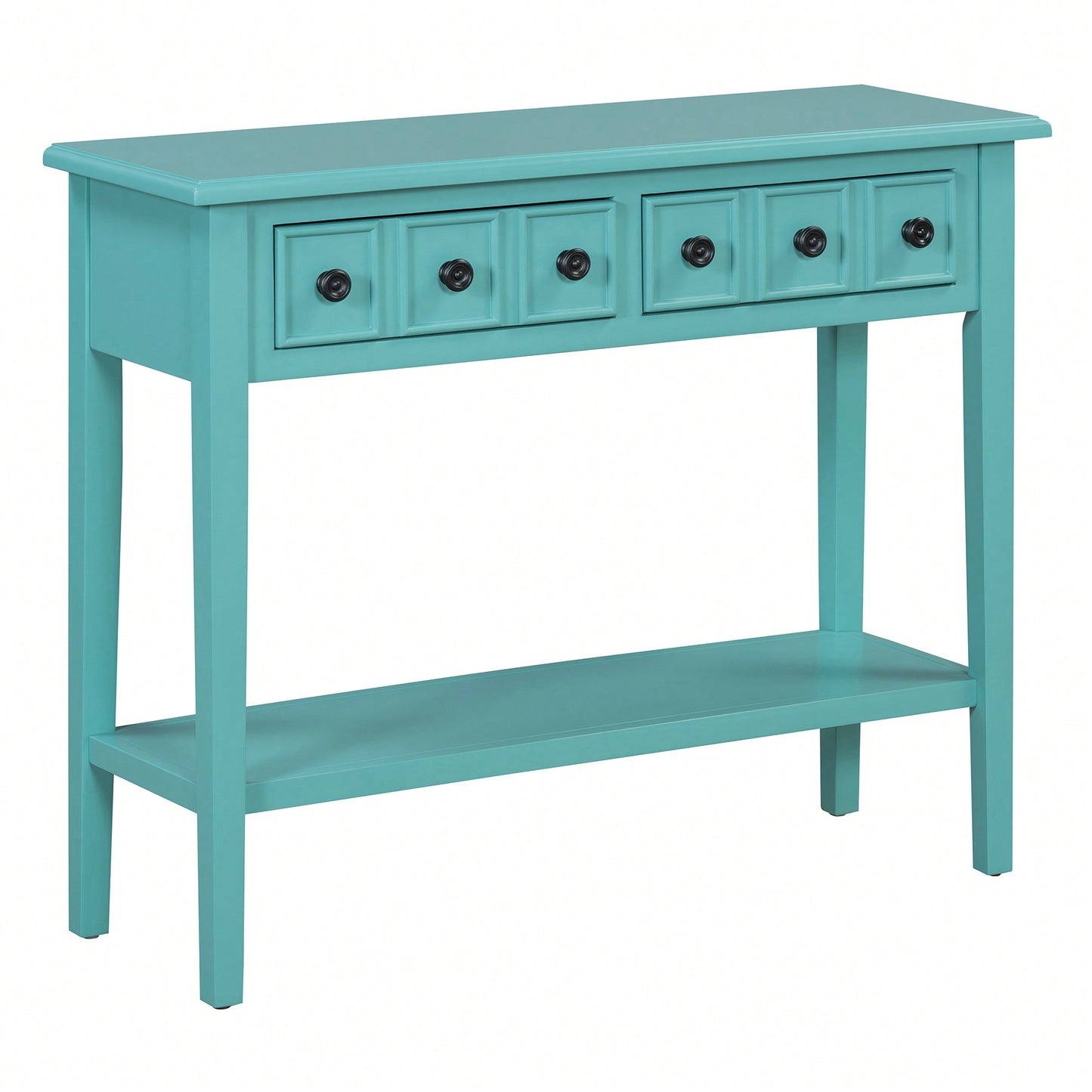 Rustic Teal Console Table With Open Shelf And Rubber Wood Legs For Entryways Living Rooms And Hallways