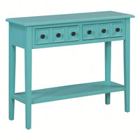 Rustic Teal Console Table With Open Shelf And Rubber Wood Legs For Entryways Living Rooms And Hallways