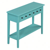 Rustic Teal Console Table With Open Shelf And Rubber Wood Legs For Entryways Living Rooms And Hallways