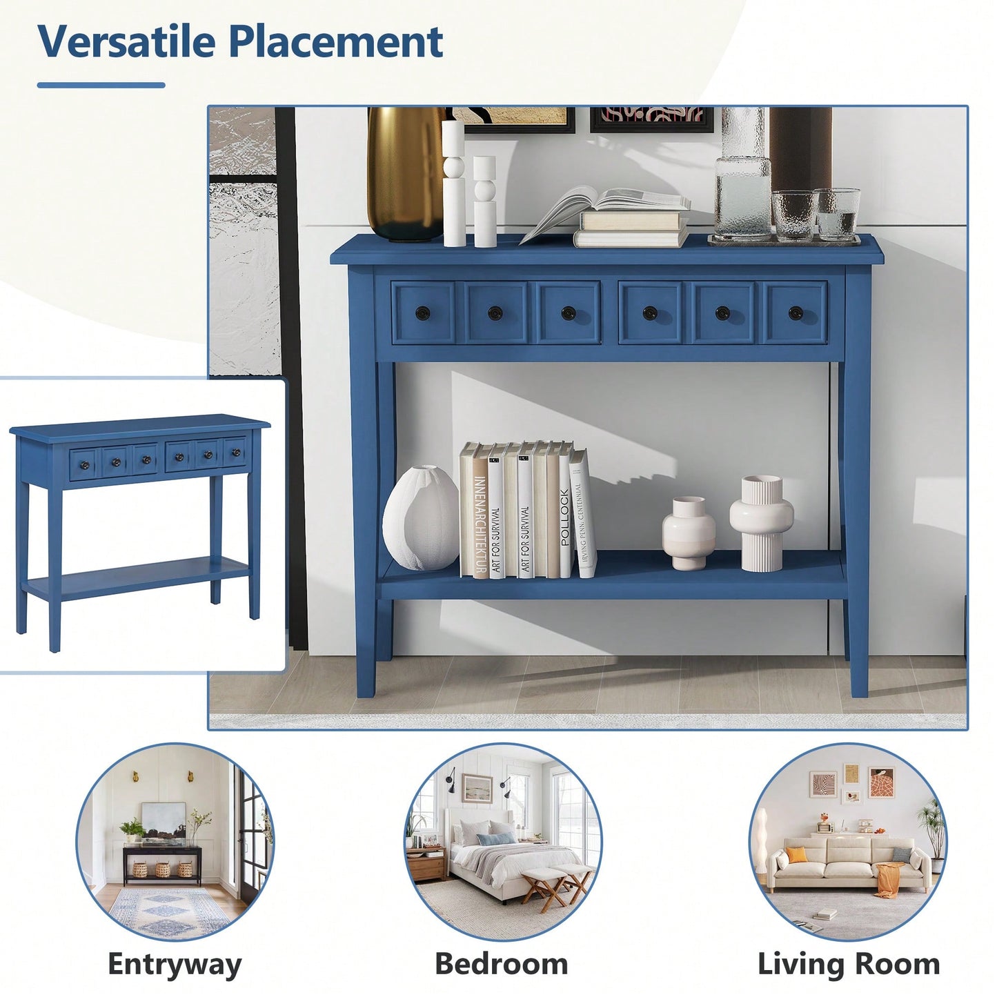 Rustic Teal Console Table With Open Shelf And Rubber Wood Legs For Entryways Living Rooms And Hallways