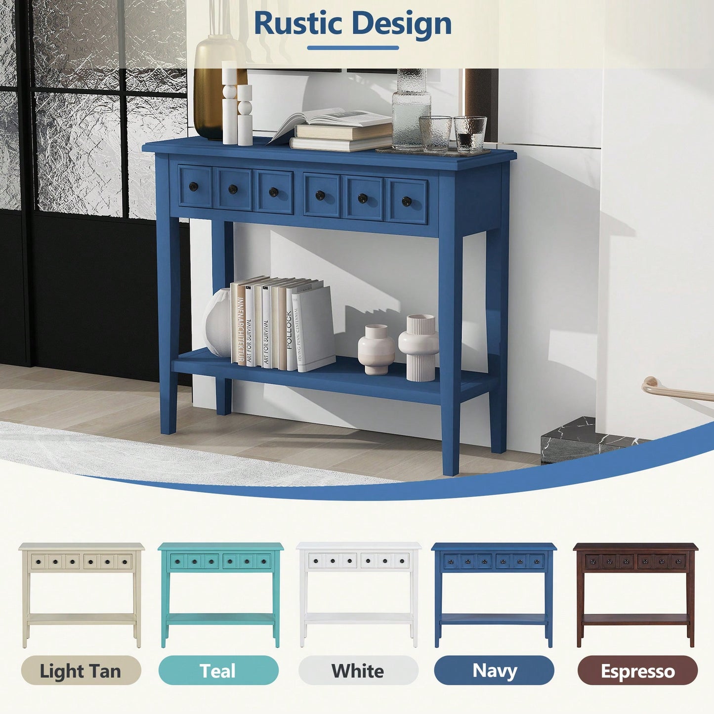 Rustic Teal Console Table With Open Shelf And Rubber Wood Legs For Entryways Living Rooms And Hallways