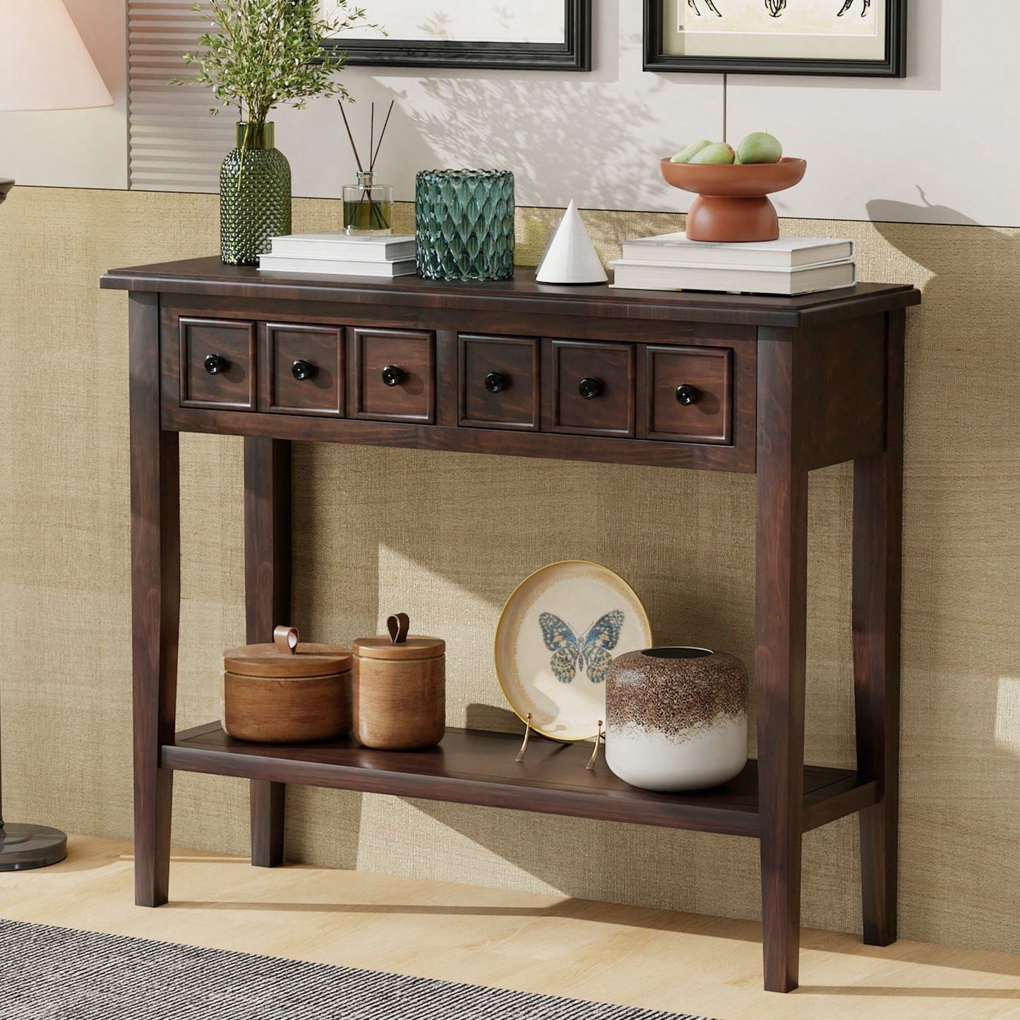 Rustic Teal Console Table With Open Shelf And Rubber Wood Legs For Entryways Living Rooms And Hallways