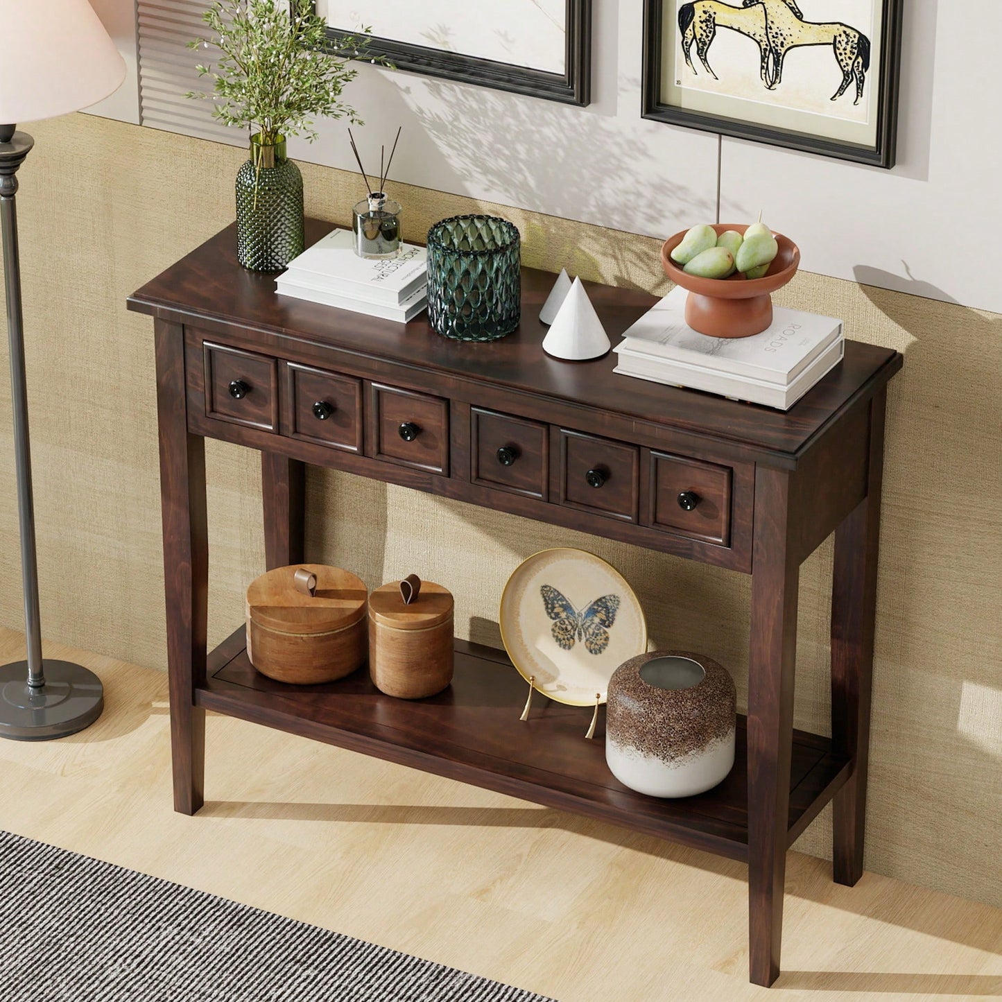 Rustic Teal Console Table With Open Shelf And Rubber Wood Legs For Entryways Living Rooms And Hallways