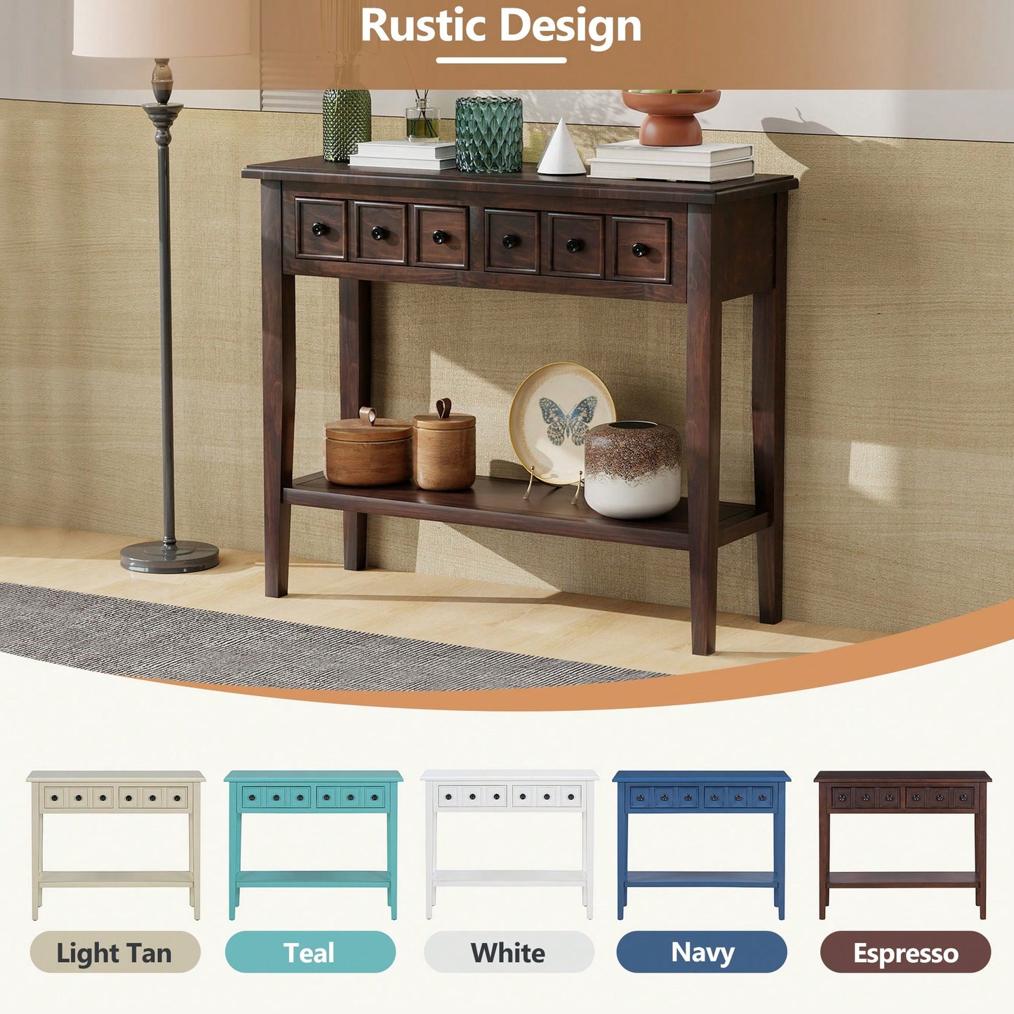 Rustic Teal Console Table With Open Shelf And Rubber Wood Legs For Entryways Living Rooms And Hallways