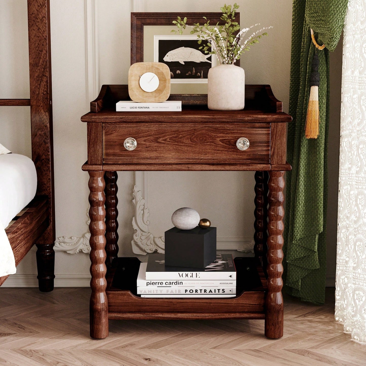 Vintage Inspired White Nightstand With Drawer And Open Shelf For Bedroom, Elegant Bedside Table With Turned Legs And Metal Handle