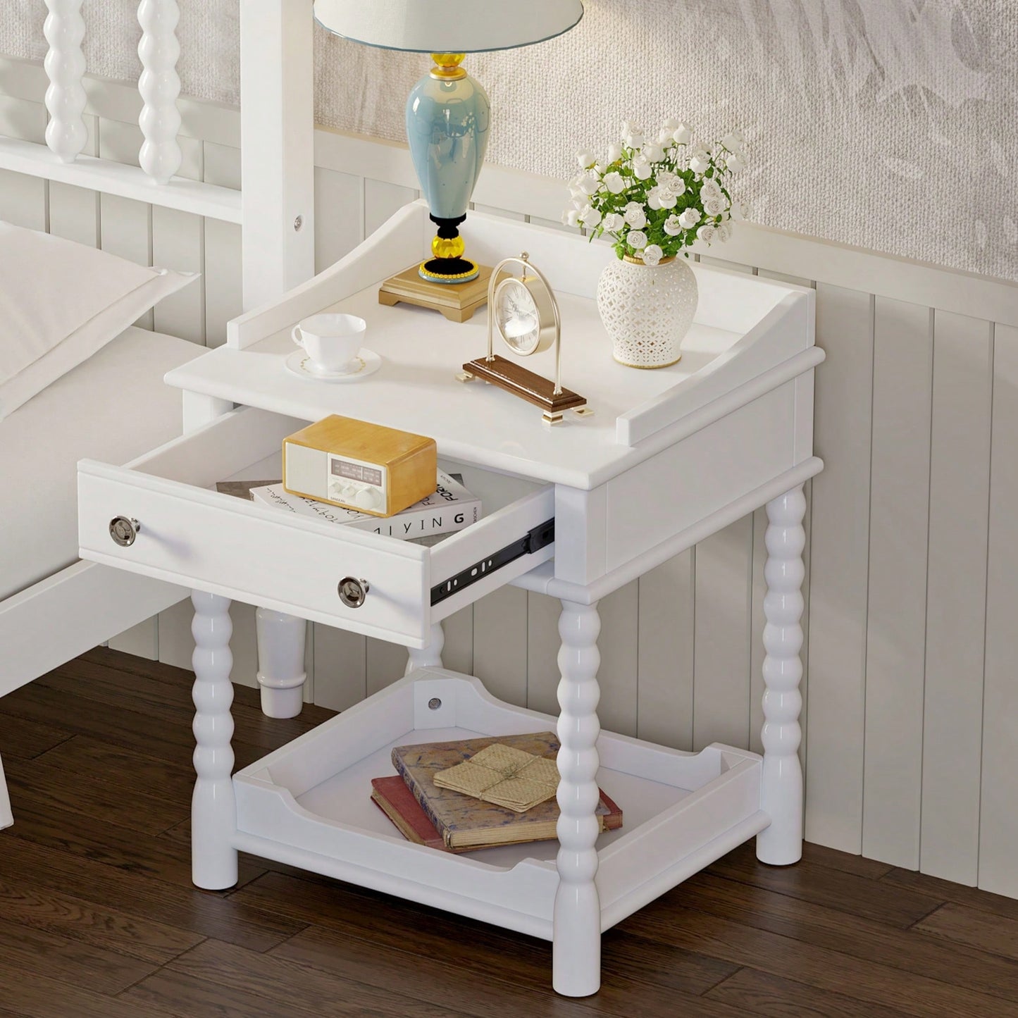 Vintage Inspired White Nightstand With Drawer And Open Shelf For Bedroom, Elegant Bedside Table With Turned Legs And Metal Handle