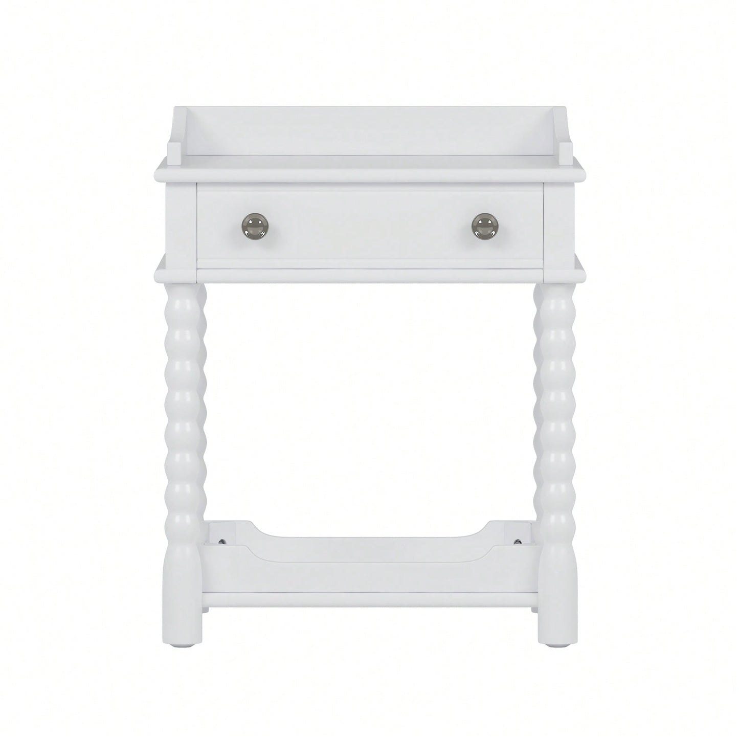 Vintage Inspired White Nightstand With Drawer And Open Shelf For Bedroom, Elegant Bedside Table With Turned Legs And Metal Handle