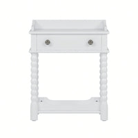 Vintage Inspired White Nightstand With Drawer And Open Shelf For Bedroom, Elegant Bedside Table With Turned Legs And Metal Handle