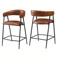 26 Inch PU Upholstered Counter Stools Set Of 2 With Iron Frame Backrest And Footrest For Kitchen Bar And Home Use Brown