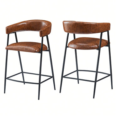 26 Inch PU Upholstered Counter Stools Set Of 2 With Iron Frame Backrest And Footrest For Kitchen Bar And Home Use Brown