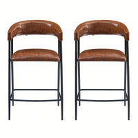 26 Inch PU Upholstered Counter Stools Set Of 2 With Iron Frame Backrest And Footrest For Kitchen Bar And Home Use Brown