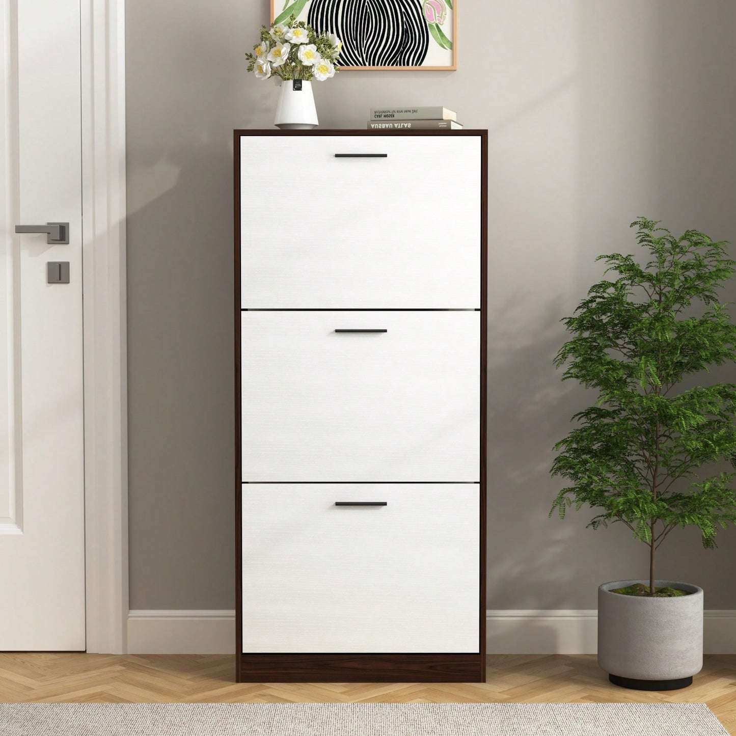 Narrow Shoe Storage Cabinet With 3 Flip Drawers For Entryway Organization