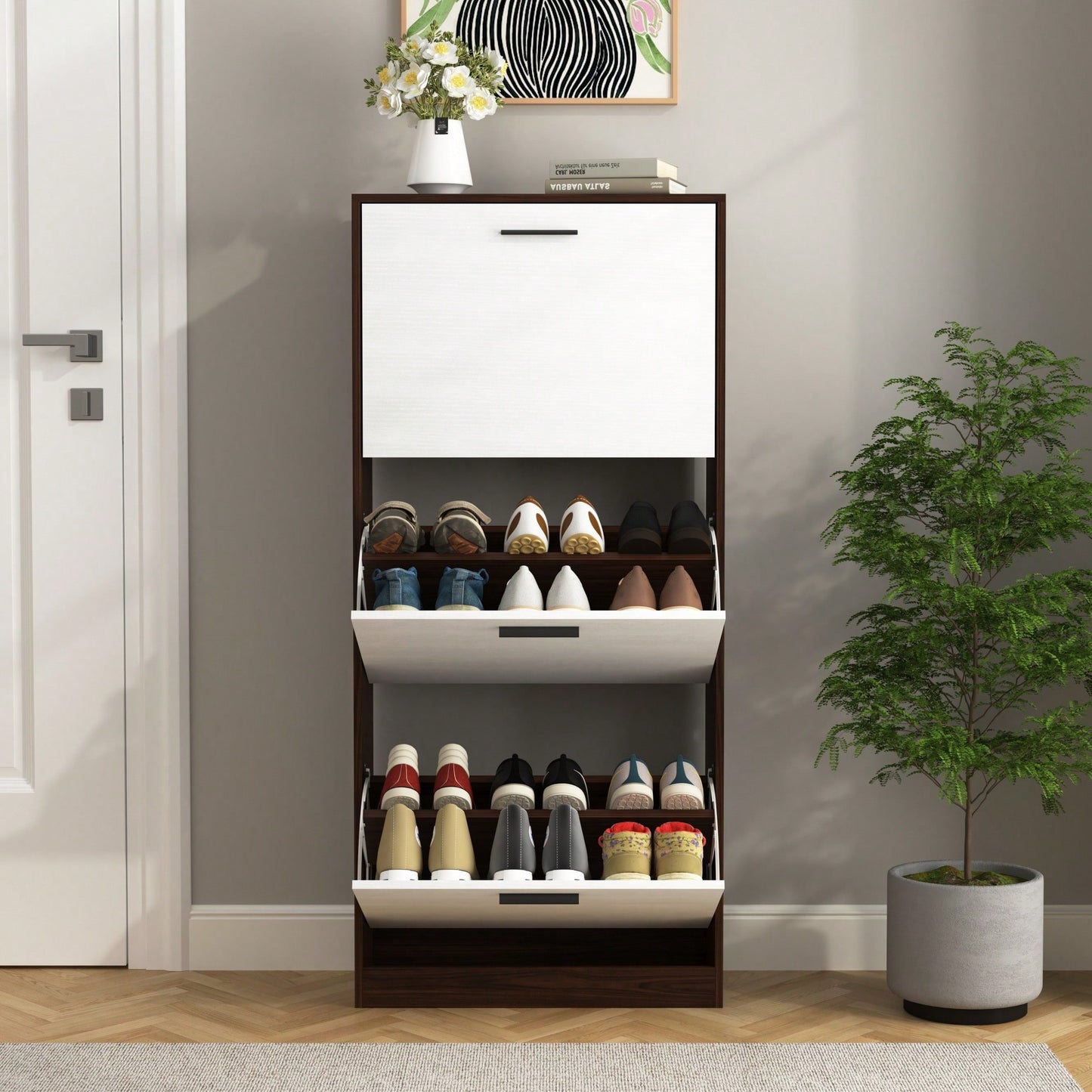 Narrow Shoe Storage Cabinet With 3 Flip Drawers For Entryway Organization