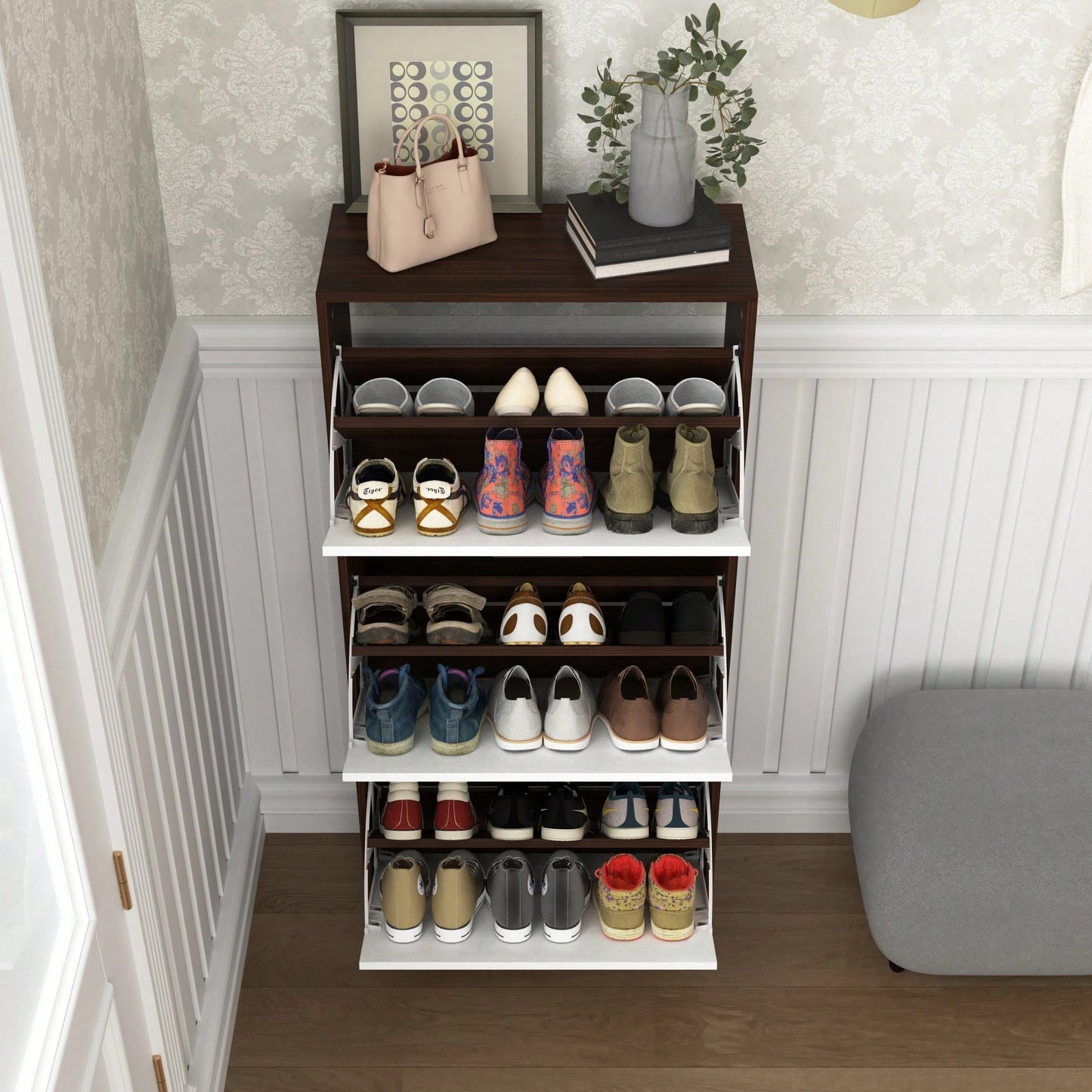 Narrow Shoe Storage Cabinet With 3 Flip Drawers For Entryway Organization