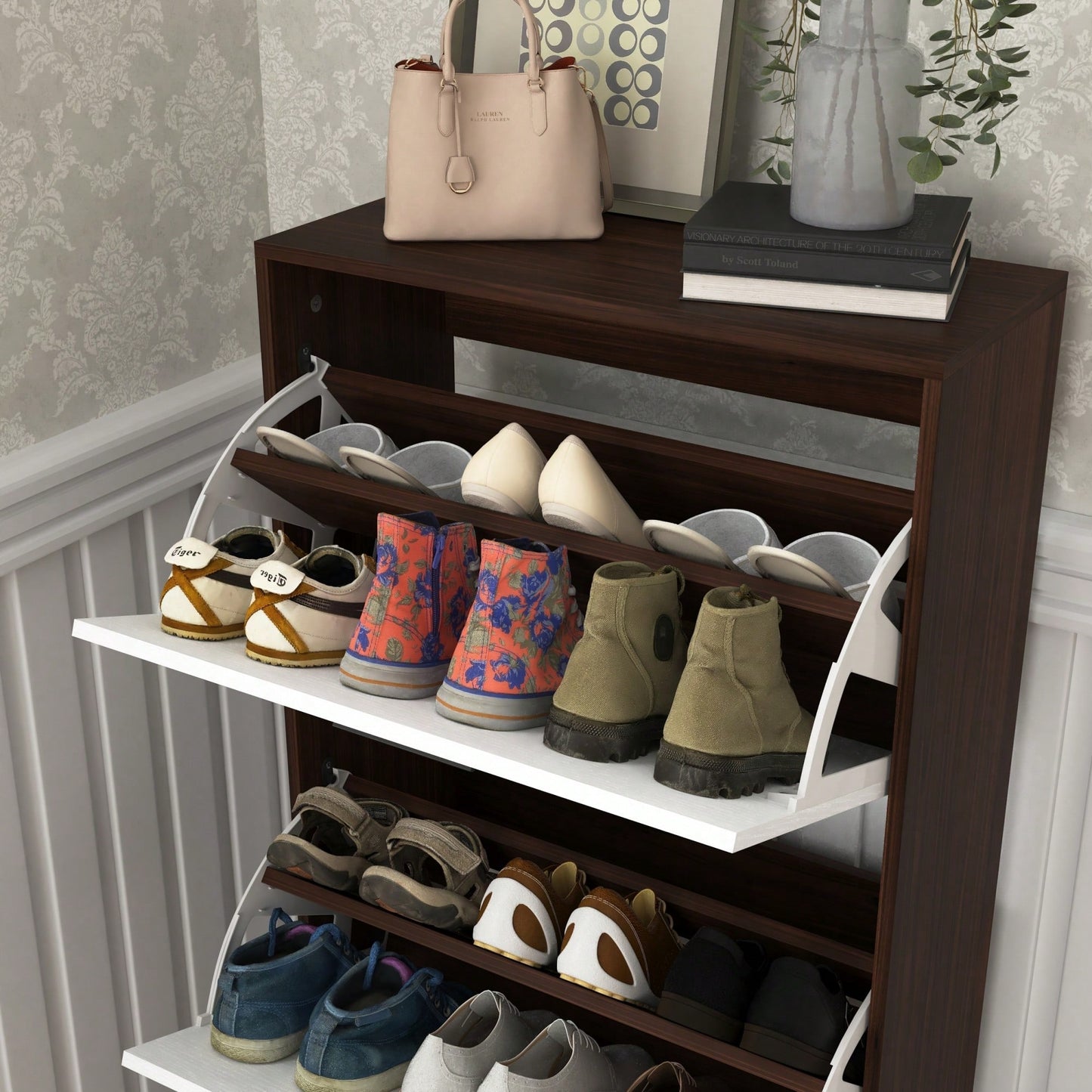 Narrow Shoe Storage Cabinet With 3 Flip Drawers For Entryway Organization