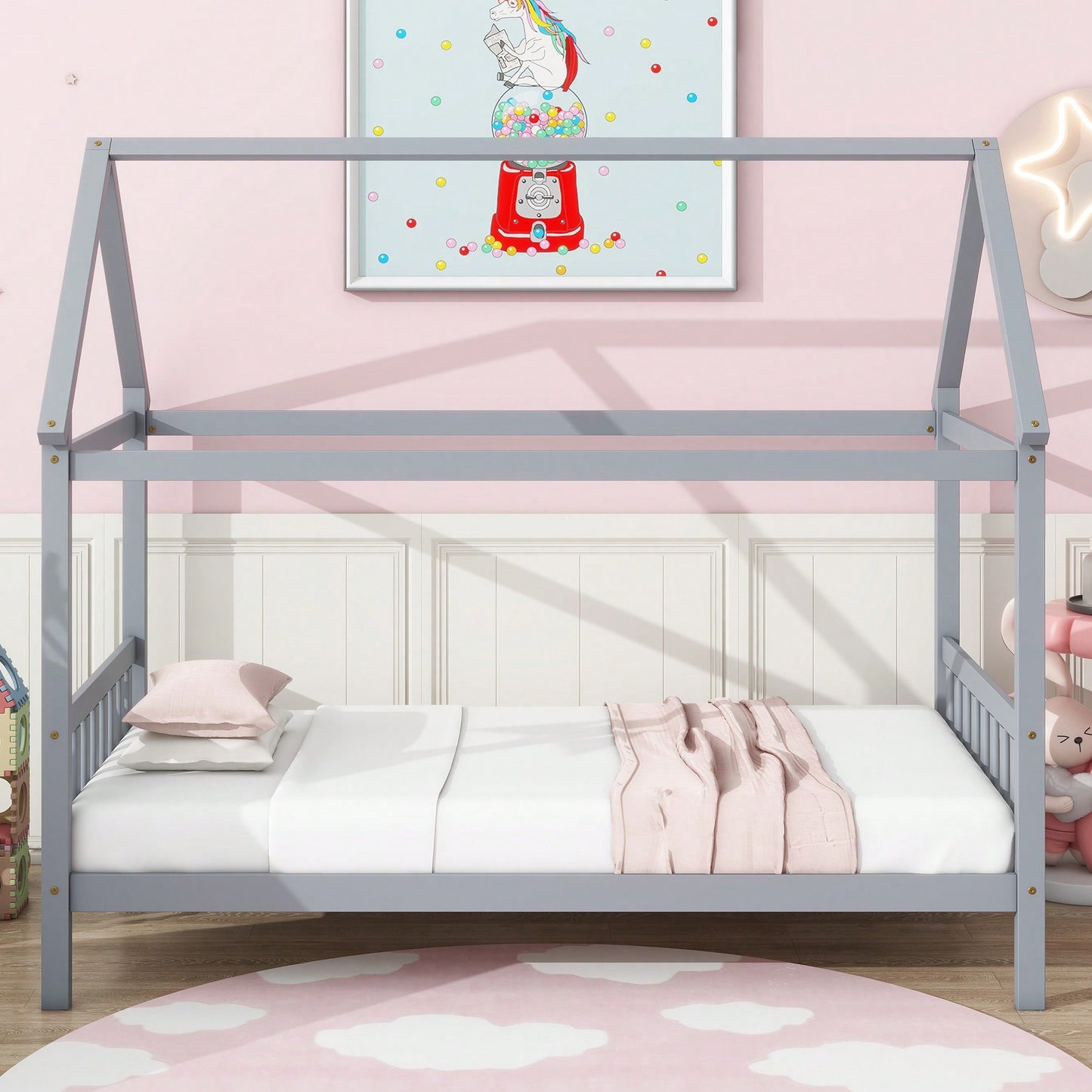 Twin House Bed With Headboard And Footboard In White Rubber Wood Frame