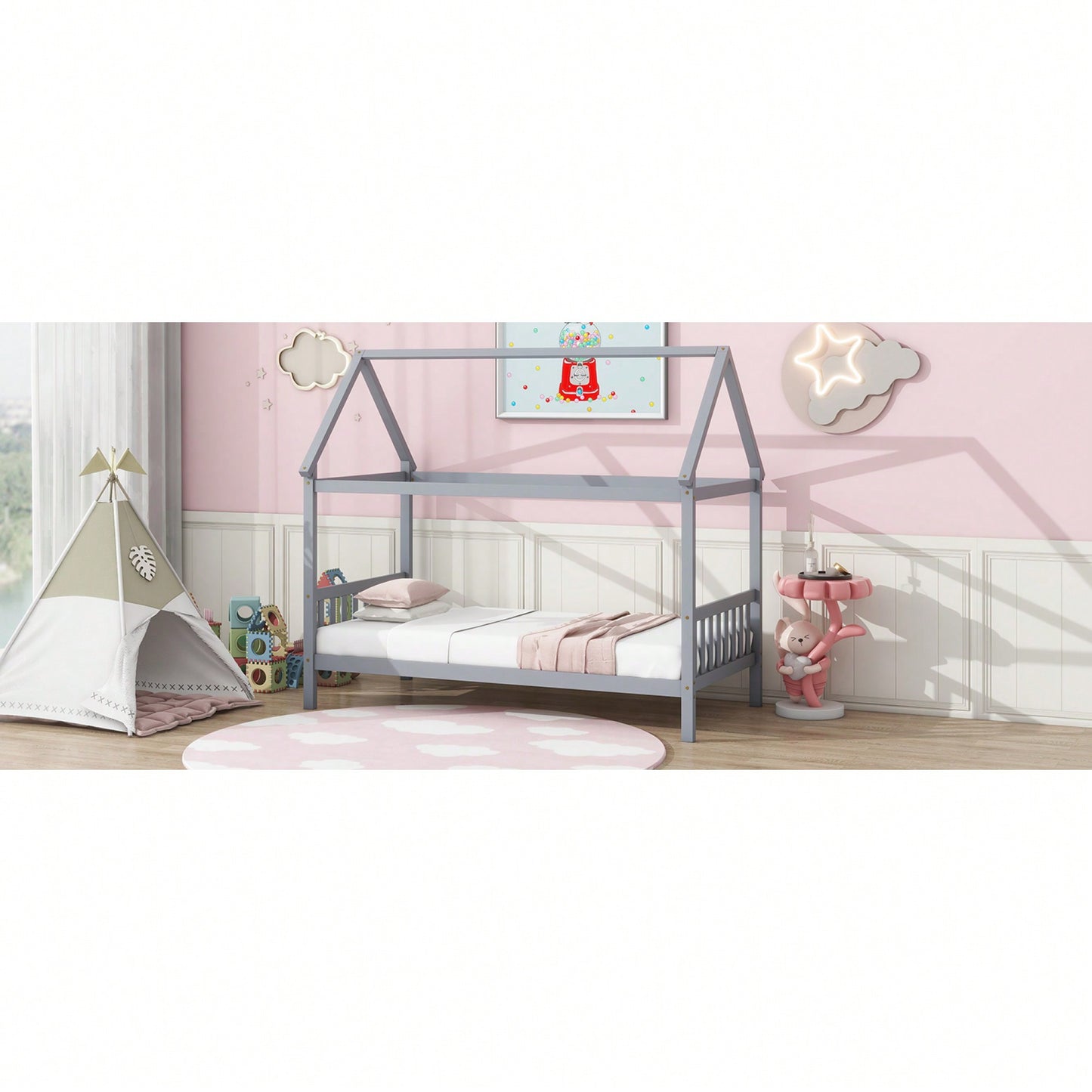 Twin House Bed With Headboard And Footboard In White Rubber Wood Frame