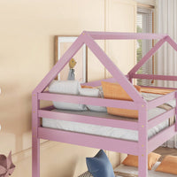 House-Shaped Twin Over Twin Bunk Bed In Black With Ladder And Guardrails For Kids