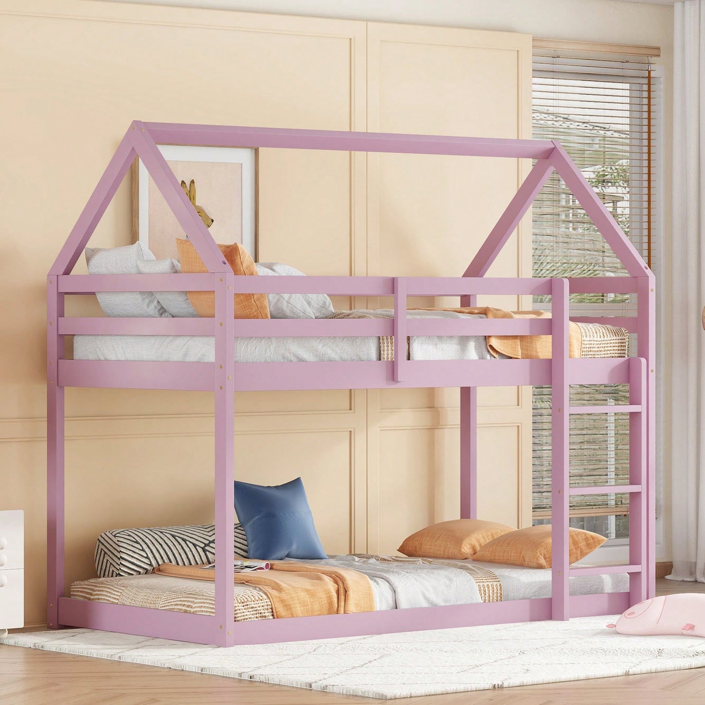 House-Shaped Twin Over Twin Bunk Bed In Black With Ladder And Guardrails For Kids