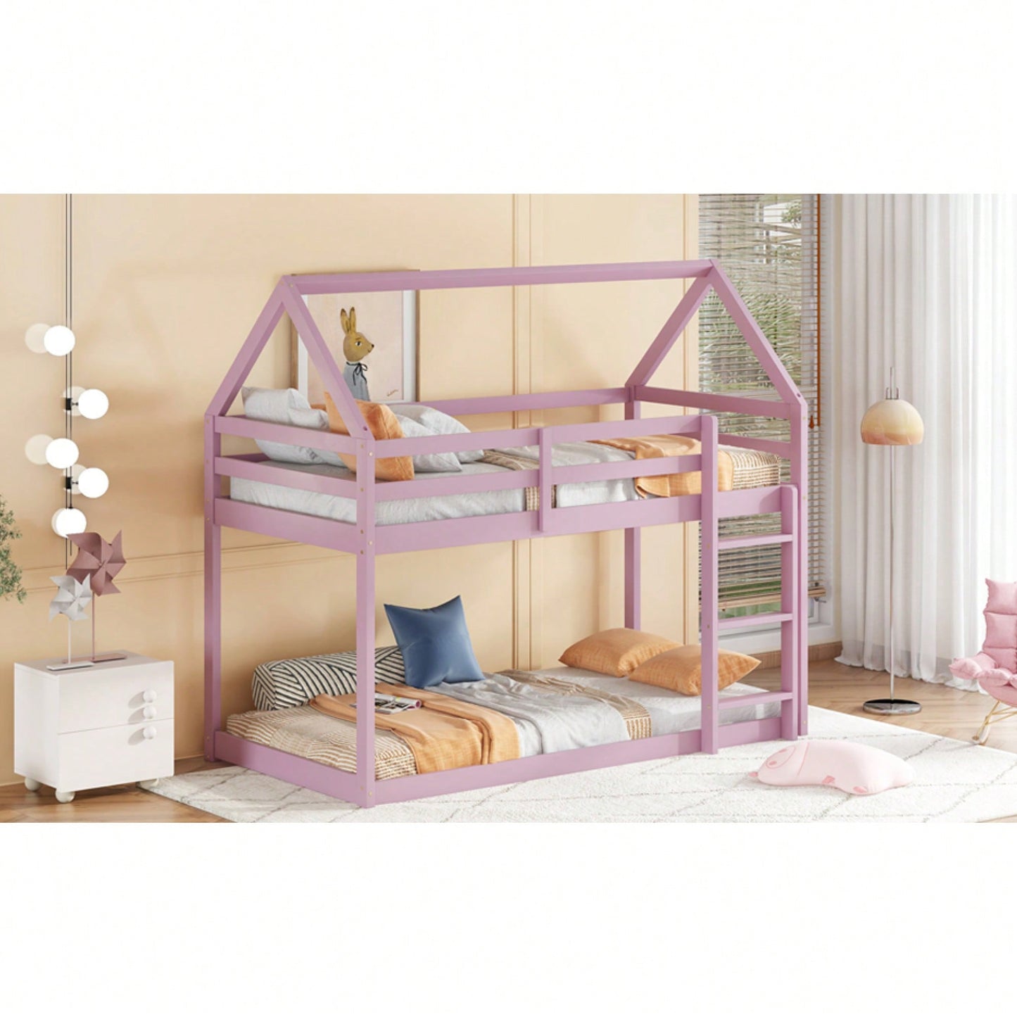 House-Shaped Twin Over Twin Bunk Bed In Black With Ladder And Guardrails For Kids