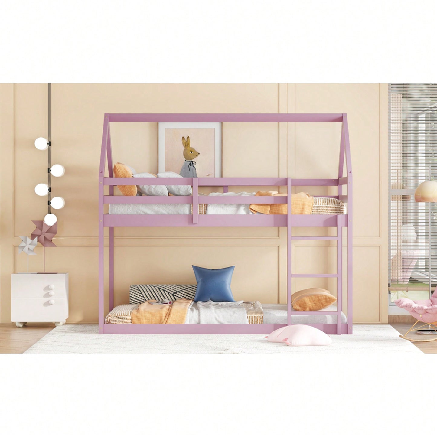 House-Shaped Twin Over Twin Bunk Bed In Black With Ladder And Guardrails For Kids