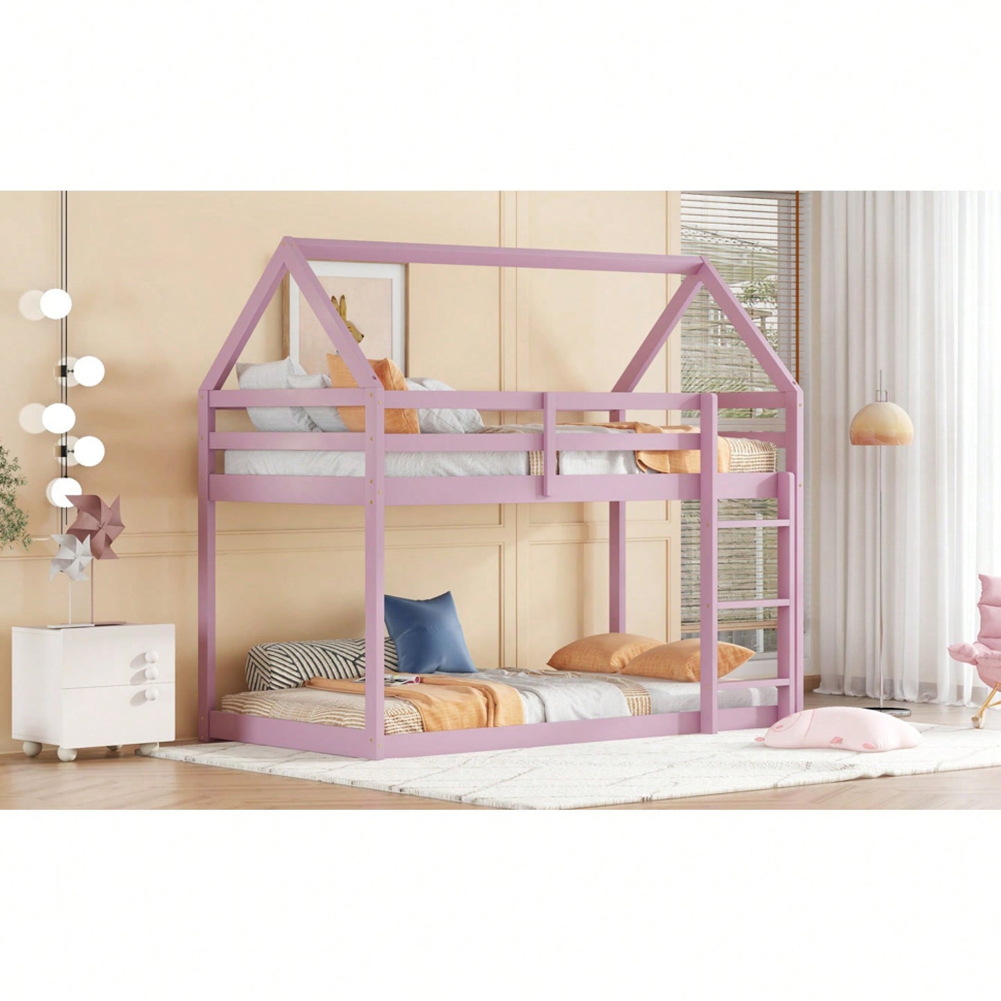 House-Shaped Twin Over Twin Bunk Bed In Black With Ladder And Guardrails For Kids