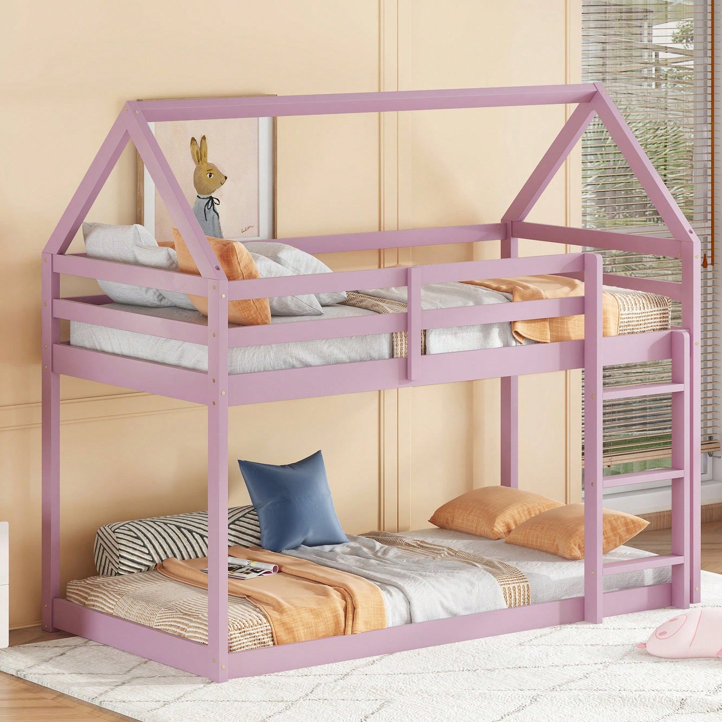 House-Shaped Twin Over Twin Bunk Bed In Black With Ladder And Guardrails For Kids