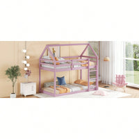 House-Shaped Twin Over Twin Bunk Bed In Black With Ladder And Guardrails For Kids