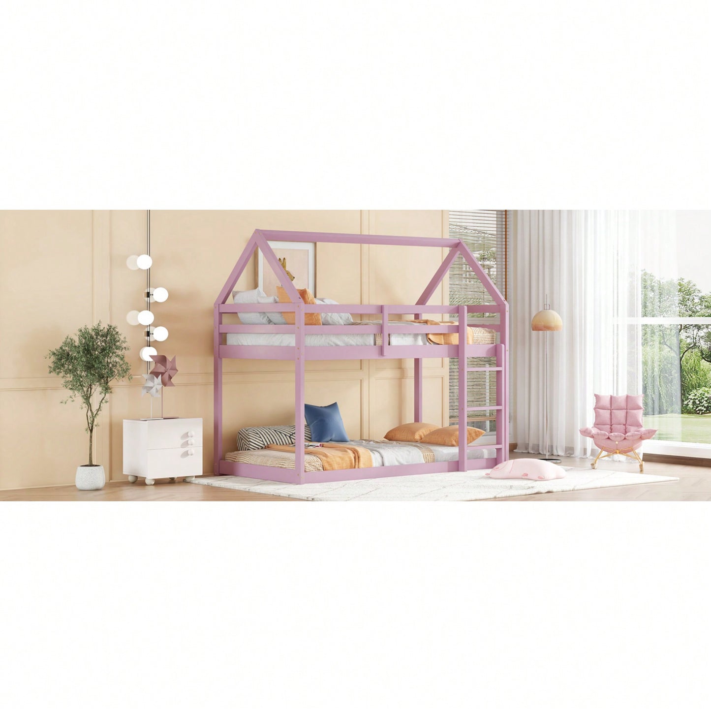 House-Shaped Twin Over Twin Bunk Bed In Black With Ladder And Guardrails For Kids