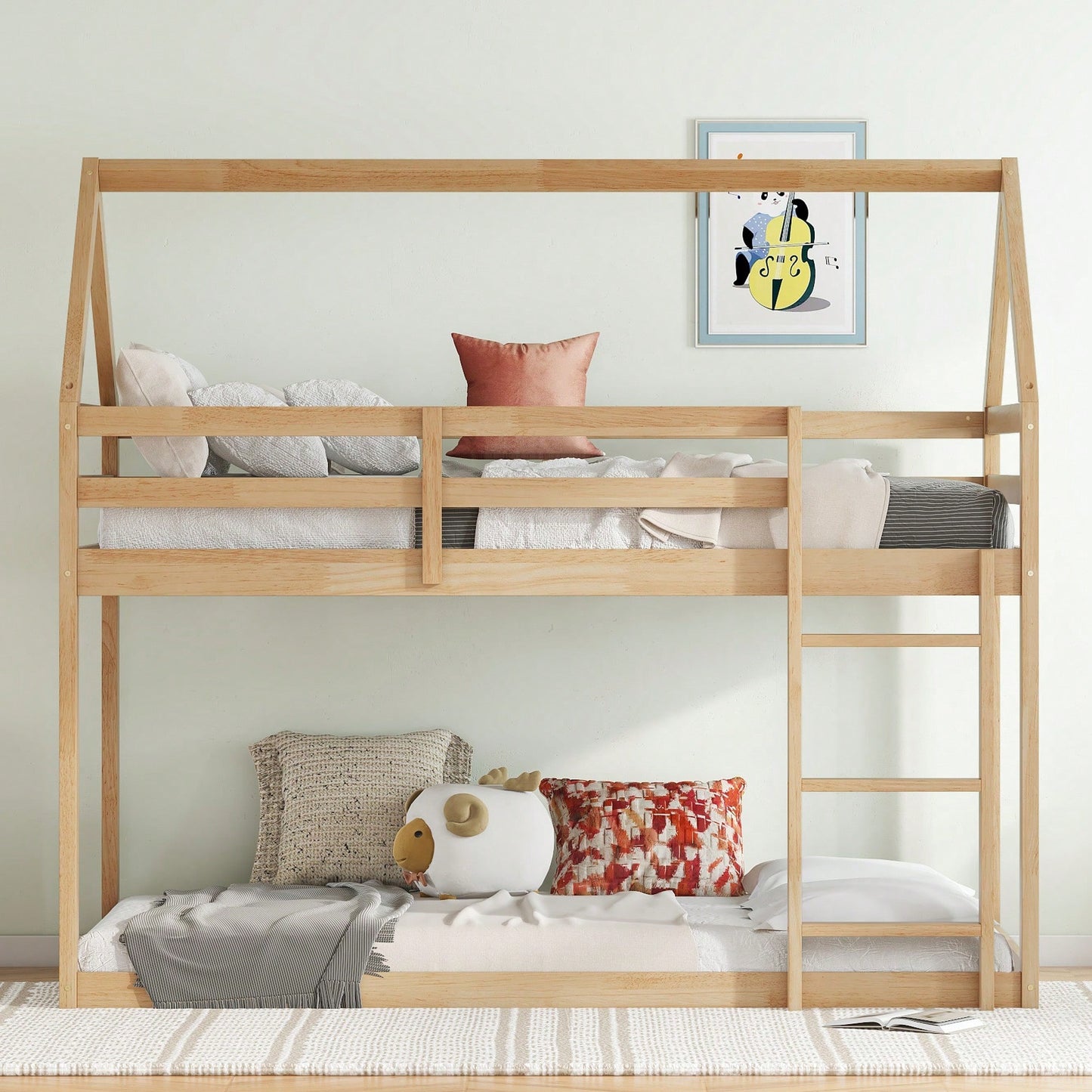 House-Shaped Twin Over Twin Bunk Bed In Black With Ladder And Guardrails For Kids