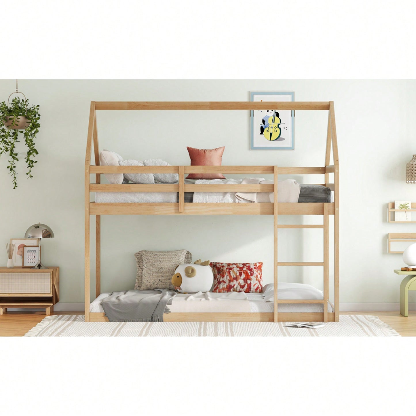 House-Shaped Twin Over Twin Bunk Bed In Black With Ladder And Guardrails For Kids