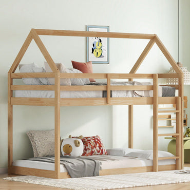 House-Shaped Twin Over Twin Bunk Bed In Black With Ladder And Guardrails For Kids