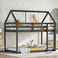 House-Shaped Twin Over Twin Bunk Bed In Black With Ladder And Guardrails For Kids