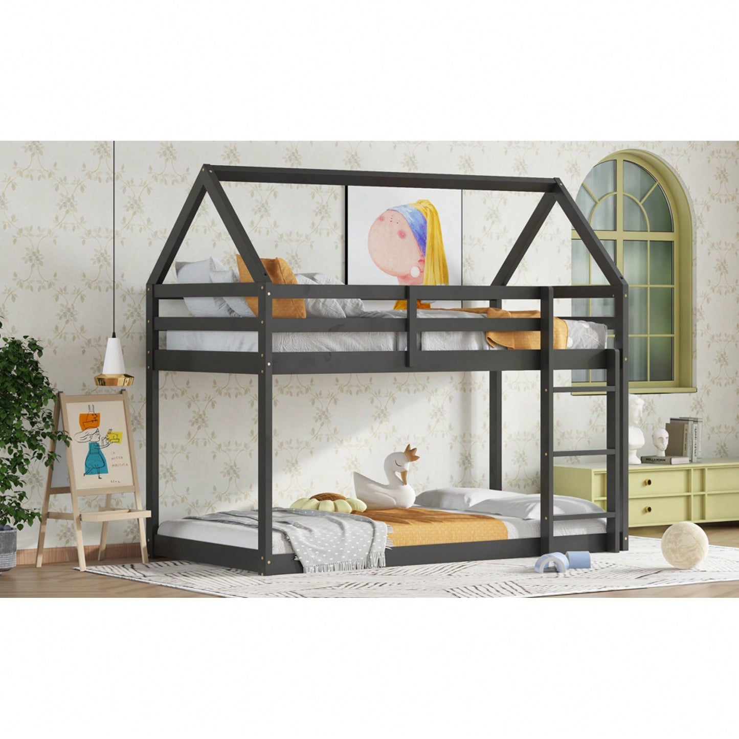 House-Shaped Twin Over Twin Bunk Bed In Black With Ladder And Guardrails For Kids