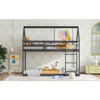 House-Shaped Twin Over Twin Bunk Bed In Black With Ladder And Guardrails For Kids