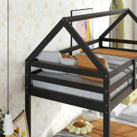 House-Shaped Twin Over Twin Bunk Bed In Black With Ladder And Guardrails For Kids