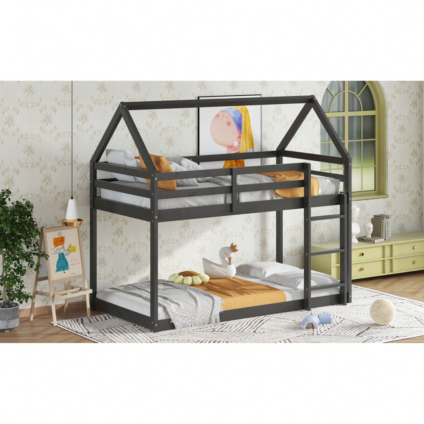 House-Shaped Twin Over Twin Bunk Bed In Black With Ladder And Guardrails For Kids